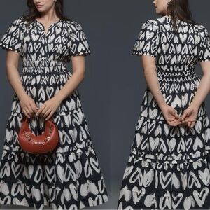 Anthropologie The Somerset Maxi Dress Cotton Tiered Hearts Heart Print L Petite